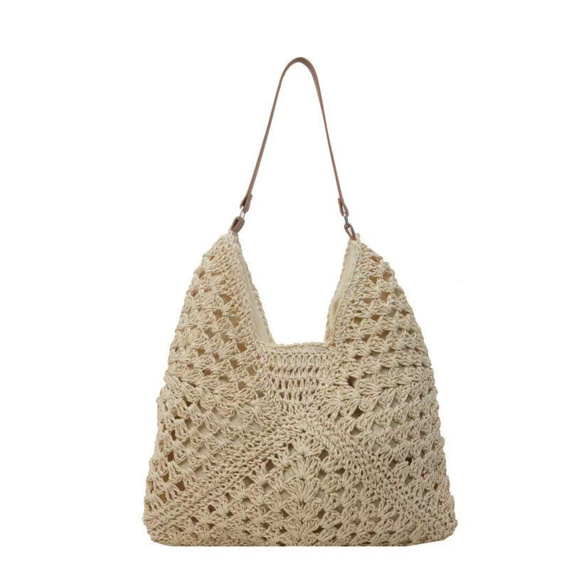 New fashion paper rope straw bag hollow square flower large triangle contrast color woven bag shoulder crossbody underarm bag women's bag