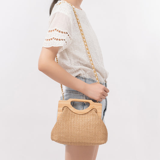 Wooden handle straw bag woven bag seaside holiday handbag beach messenger shoulder bag women