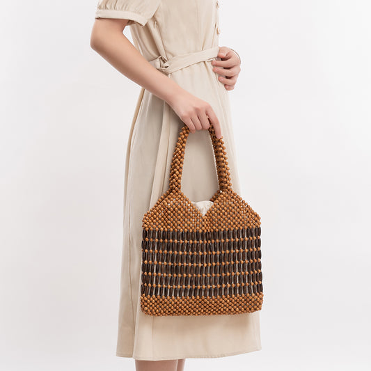 Hand-woven bag for women, contrast color wooden bead bag, large capacity new handbag, seaside holiday beach bag