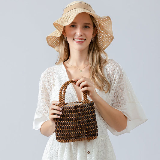 Handmade wooden bead woven bag for women summer niche design hand-held commuter small square bag