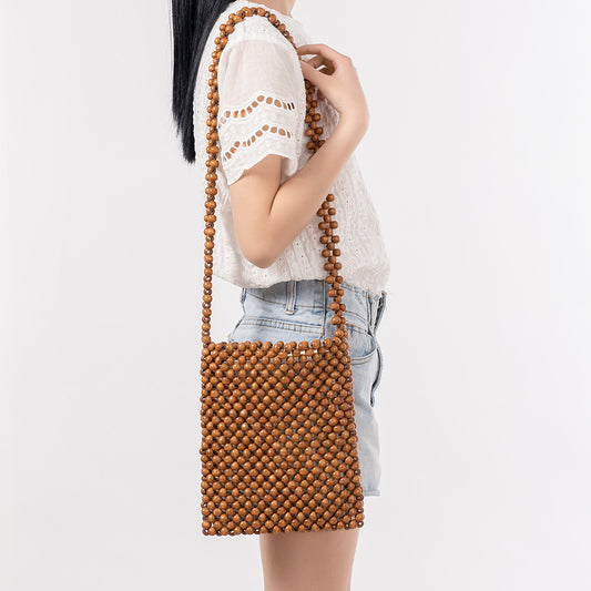 Crossbody shoulder bag women's summer niche design wooden bead bag commuting handmade woven bag female