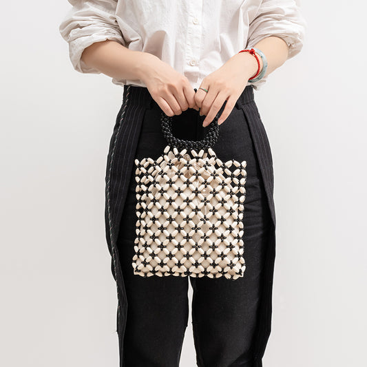 Contrast color woven bag versatile commuter wooden bead bag female summer niche design handbag