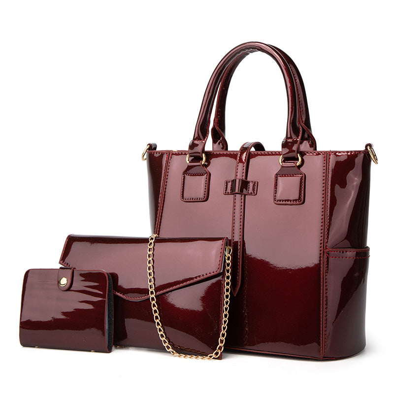 New large bag trendy patent leather ladies handbag three-piece set mother-and-child bag simple shoulder crossbody bag