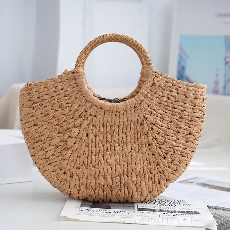 New simple straw bag round bucket moon handbag large capacity holiday beach bag hand-held vegetables