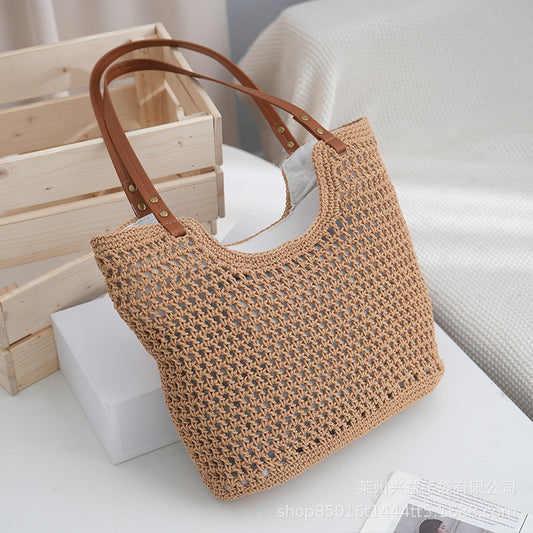 Woven bag hollow mesh tote bag mesh knitted travel commuter shoulder bag travel style large capacity underarm bag