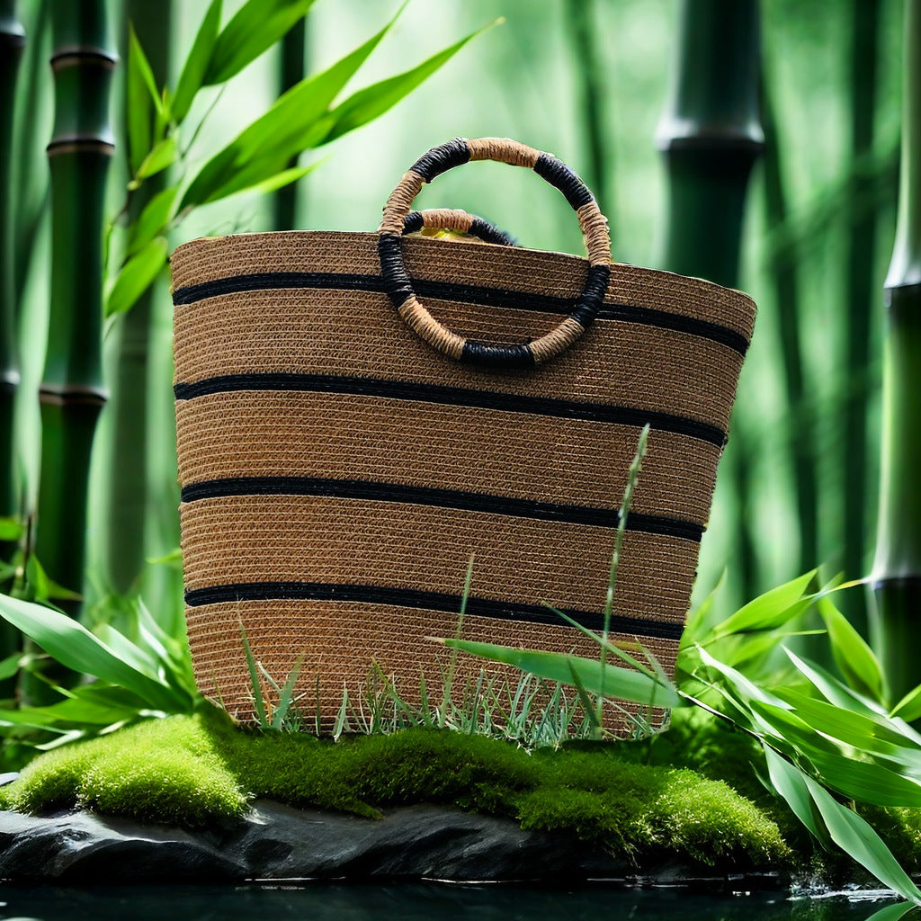 Simple retro woven straw hand-held bucket tote bag female ring bag fashionable commuting versatile sand