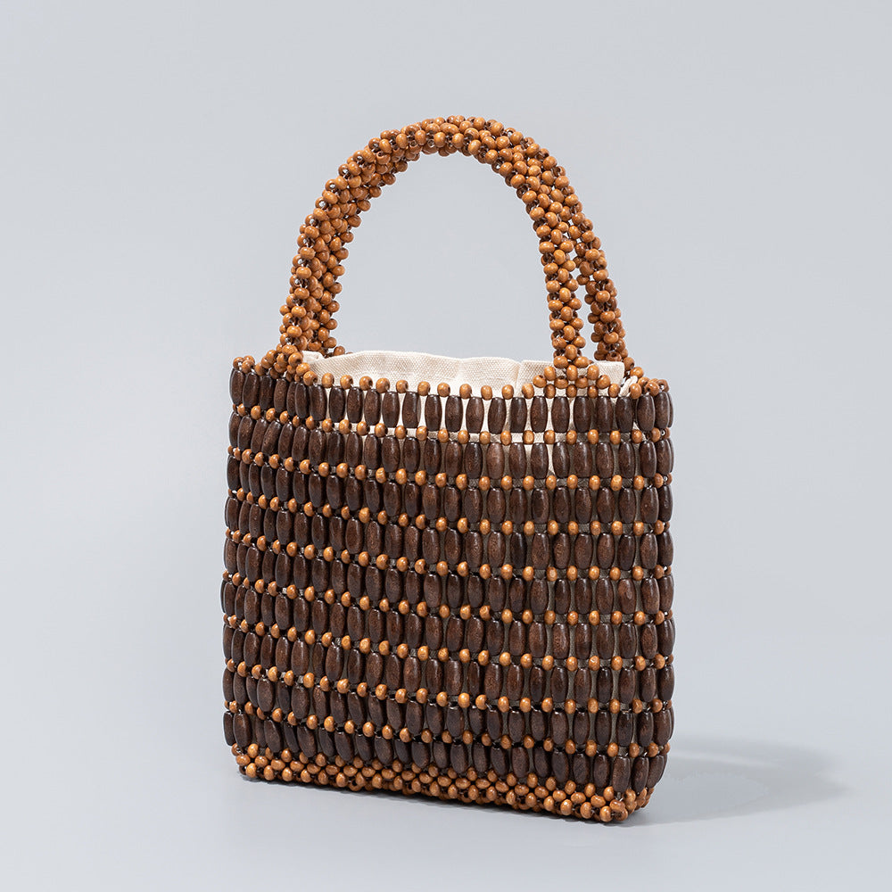 Handmade wooden bead woven bag for women summer niche design hand-held commuter small square bag