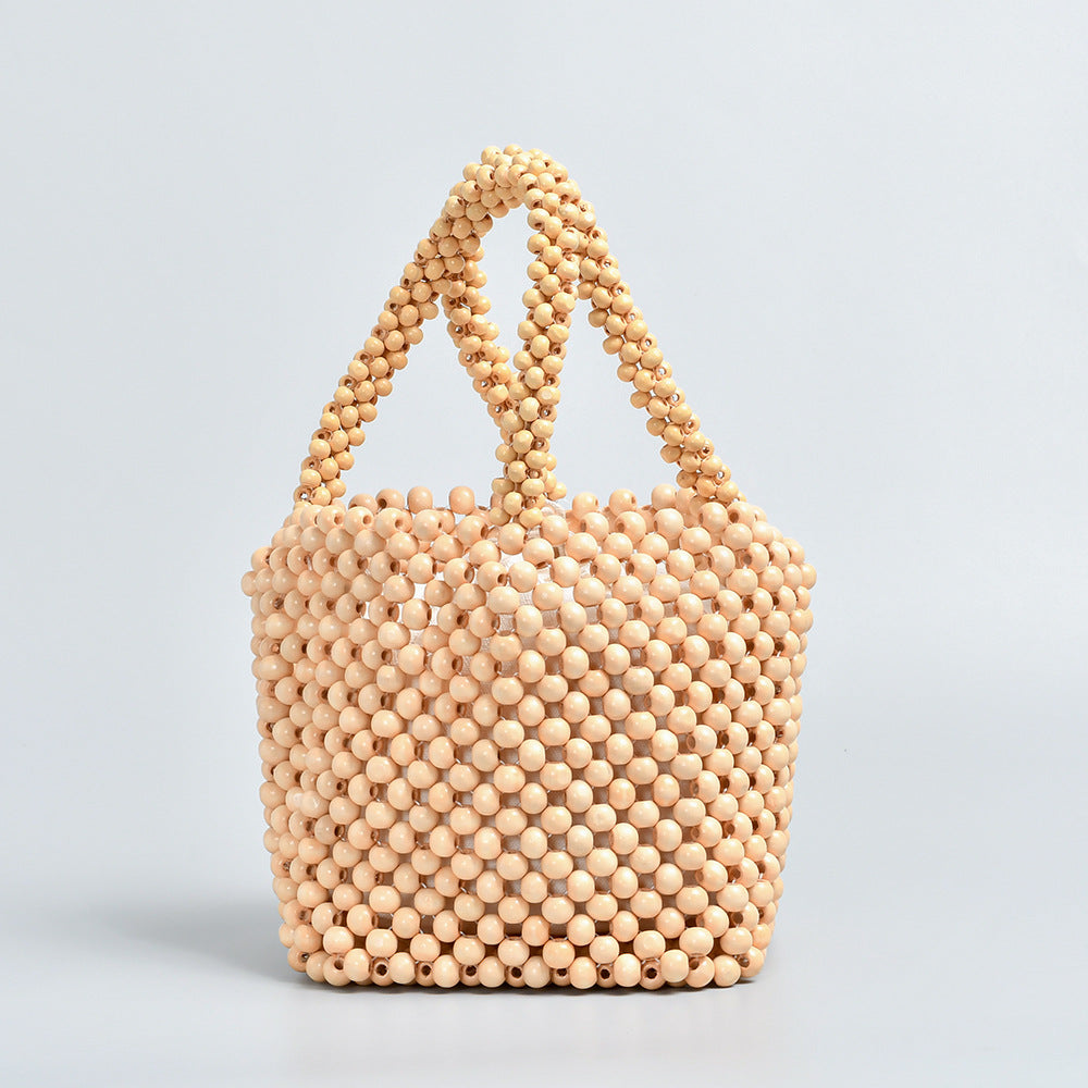 Hand-woven bags niche design wooden bead bags ladies handbags mother-and-child bucket bags