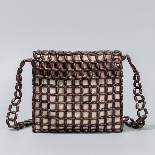 Women's bags, niche design, wooden bead bags, hand-woven bags, high-end commuting shoulder bags for women