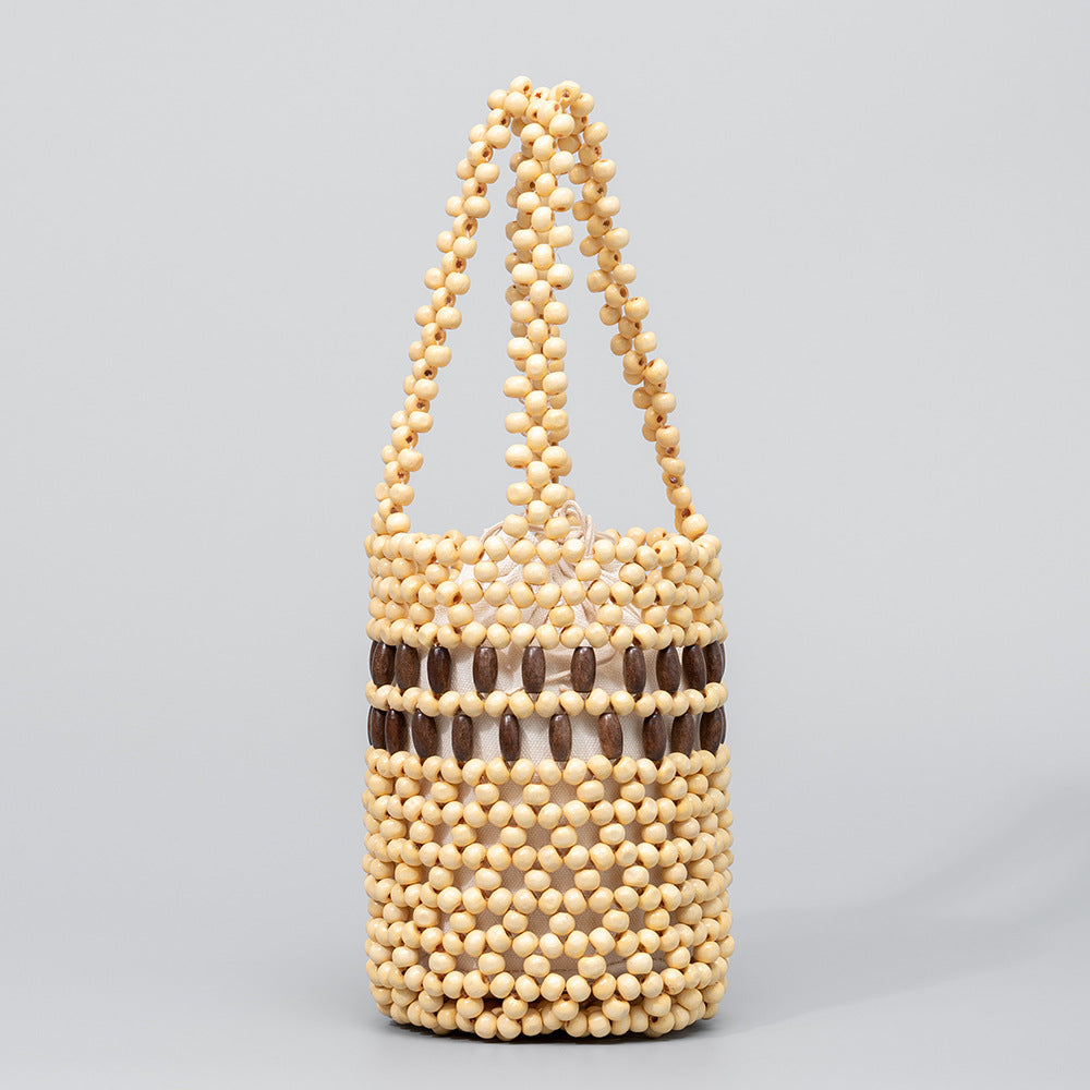 Wooden bead handbag hand-woven bag daily commuting bucket bag female niche design