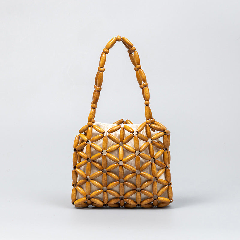 Hand-woven bag for women, commuter small bag, high-grade exquisite wooden bead bag, handbag for women in summer