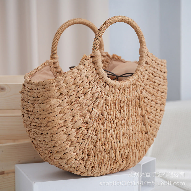 New simple straw bag round bucket moon handbag large capacity holiday beach bag hand-held vegetables