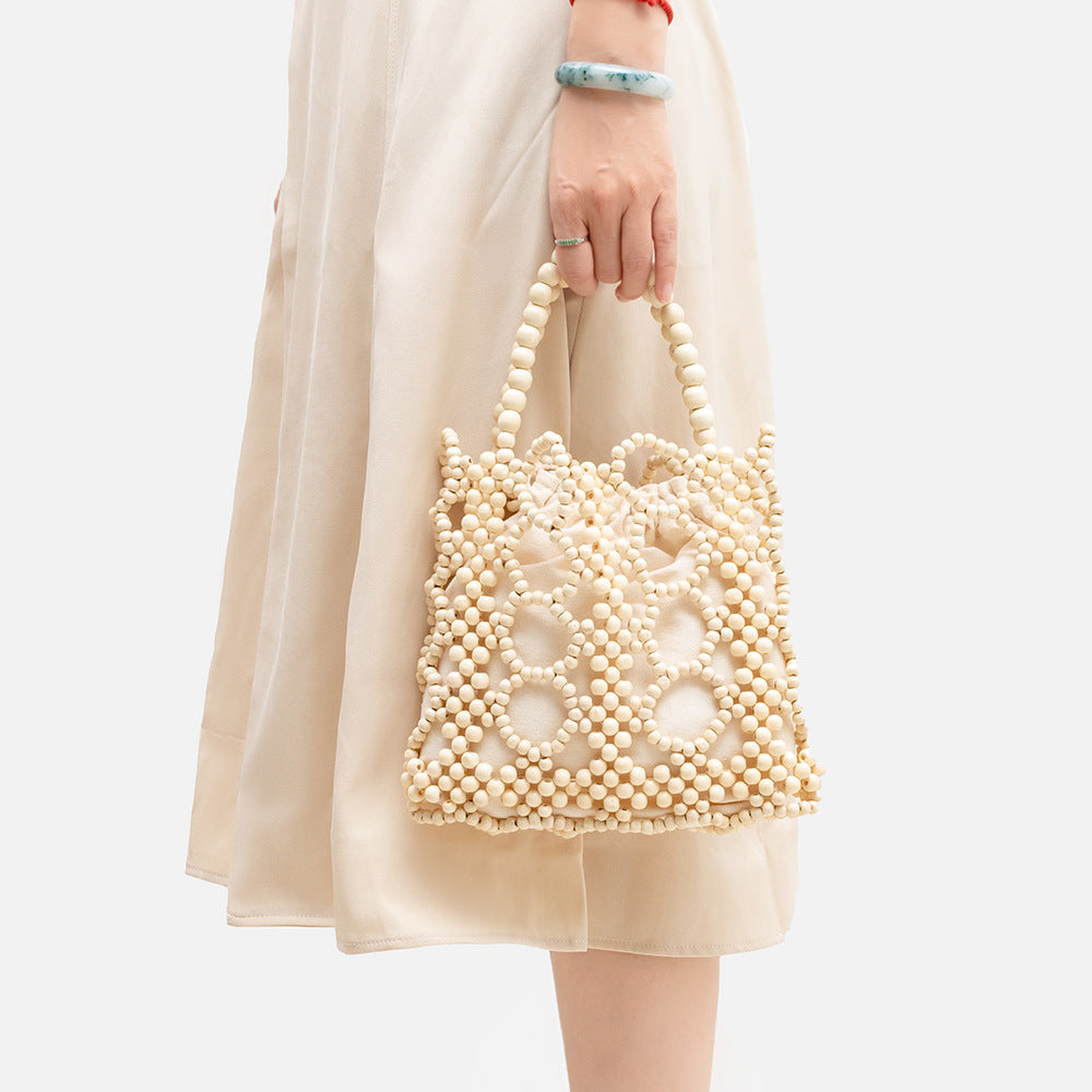 Bags for women, summer niche design, versatile commuting wooden bead bag, hand-woven handbag