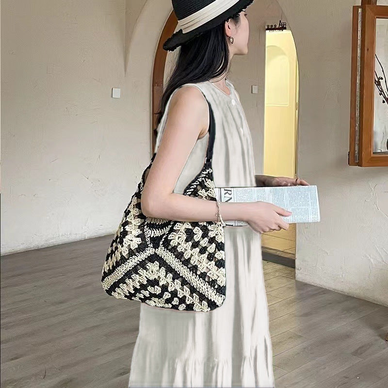 New fashion paper rope straw bag hollow square flower large triangle contrast color woven bag shoulder crossbody underarm bag women's bag