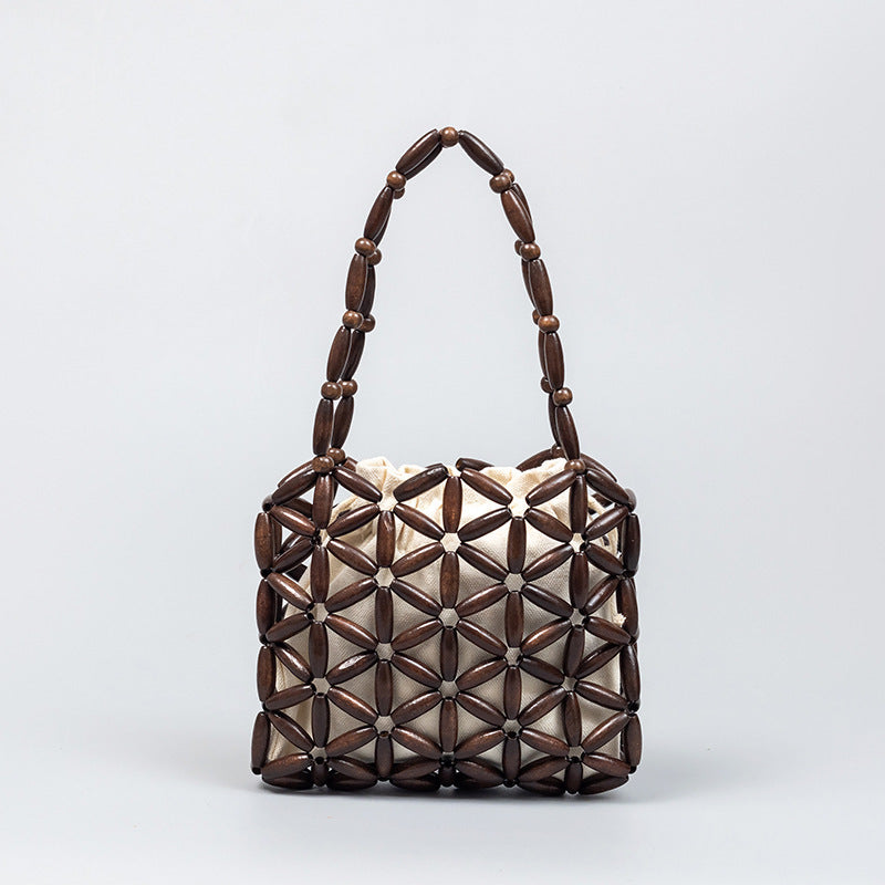 Hand-woven bag for women, commuter small bag, high-grade exquisite wooden bead bag, handbag for women in summer