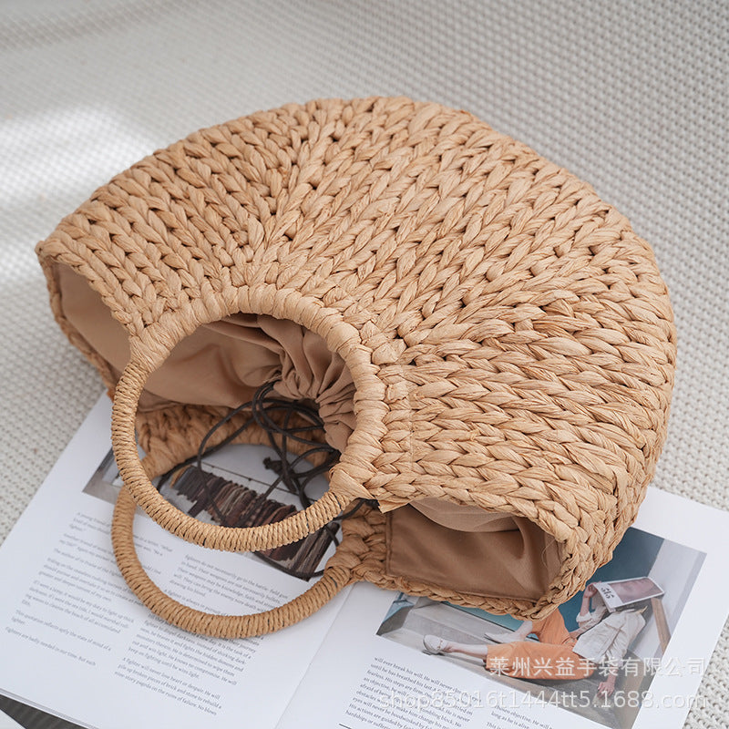 New simple straw bag round bucket moon handbag large capacity holiday beach bag hand-held vegetables