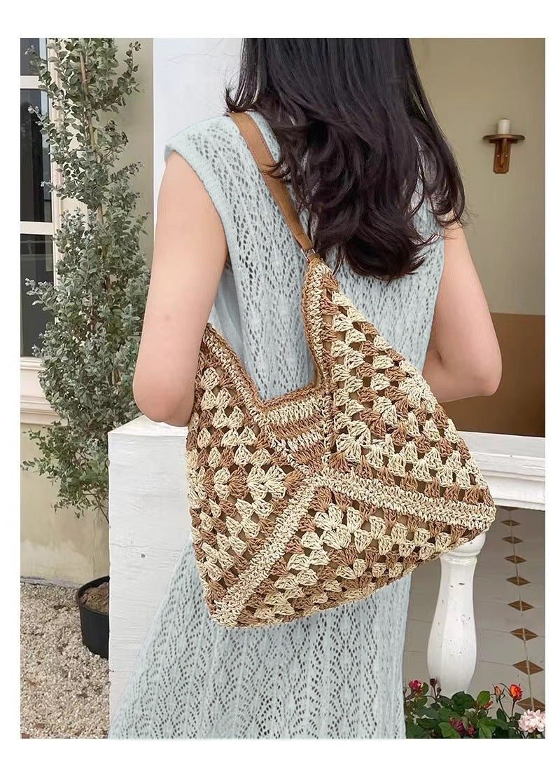 New fashion paper rope straw bag hollow square flower large triangle contrast color woven bag shoulder crossbody underarm bag women's bag