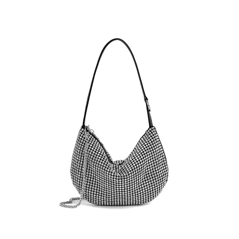 Women's bag spring and autumn rhinestone underarm bag semi-circular bag one shoulder hand-held chain moon small bag women's bag