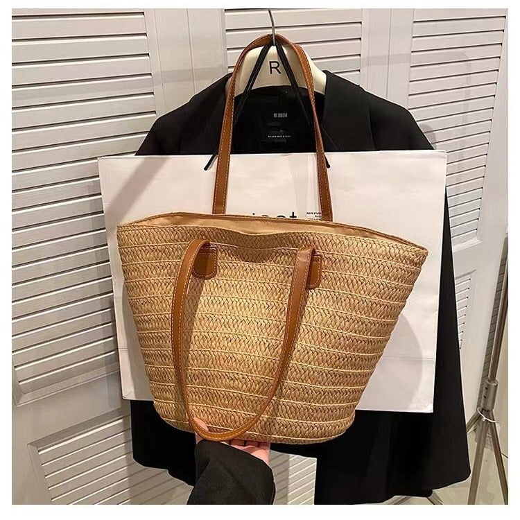 New women's single shoulder straw bag large capacity seaside holiday style all-match commuter tote bag simple straw bag