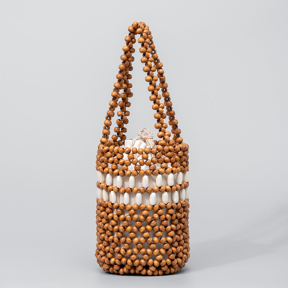 Wooden bead handbag hand-woven bag daily commuting bucket bag female niche design