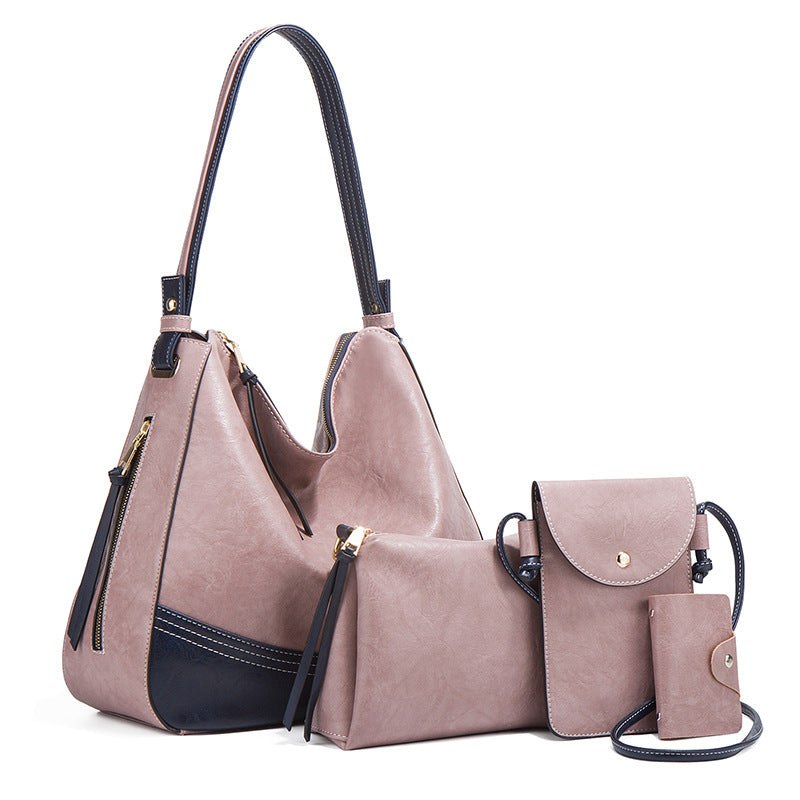 Simple color matching handbags for women, fashionable and trendy, large-capacity four-piece set, new style, one-shoulder and crossbody soft mother-and-child bag