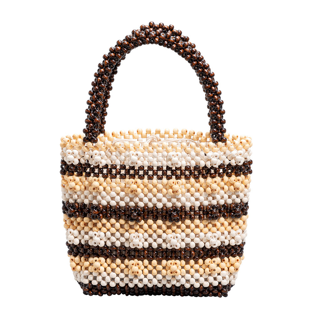 Hand-held wooden bead bag, seaside beach vacation bag, ladies' high-end exquisite hand-woven bag