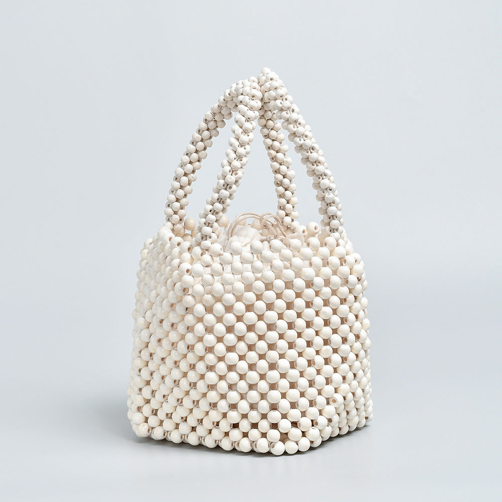 Hand-woven bags niche design wooden bead bags ladies handbags mother-and-child bucket bags