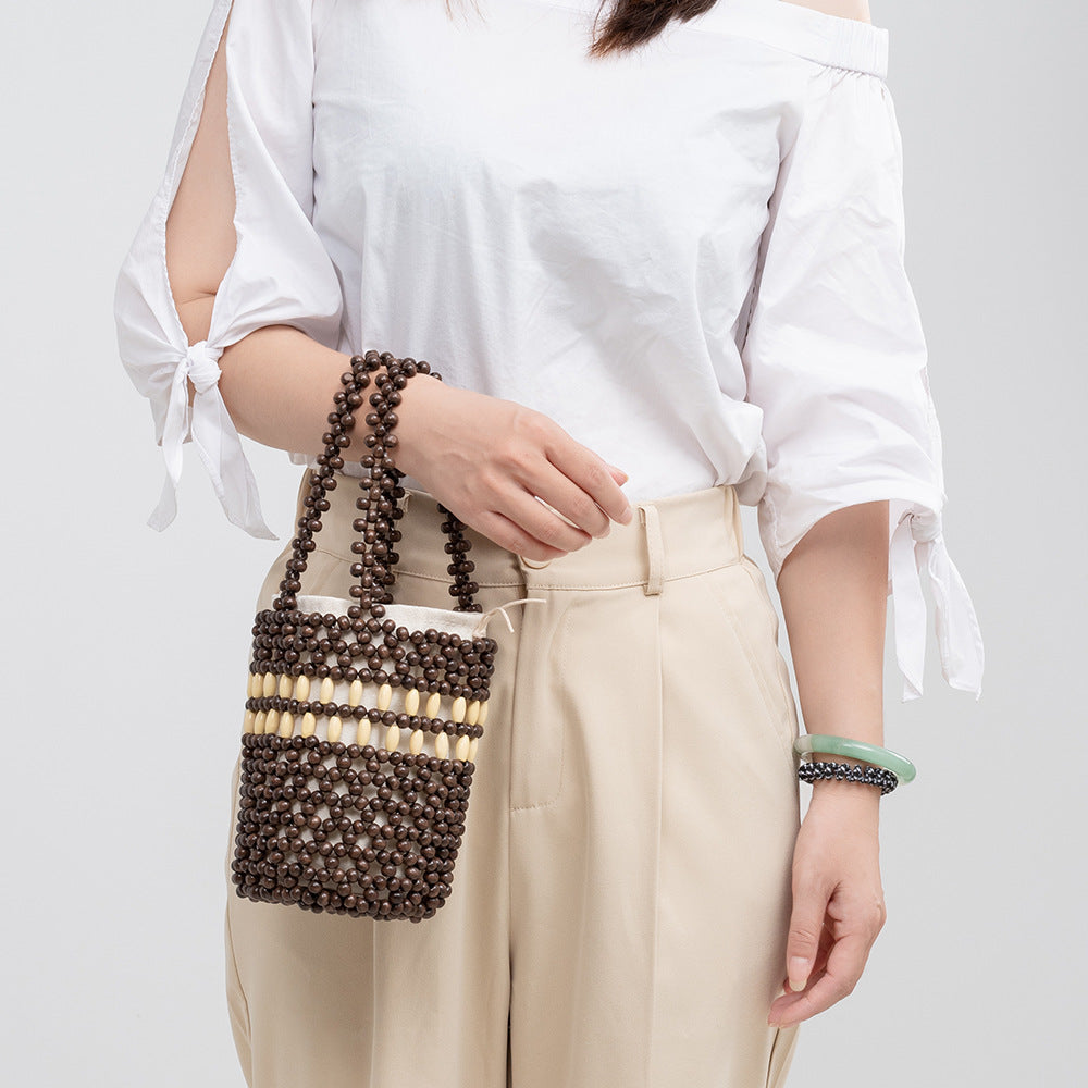 Wooden bead handbag hand-woven bag daily commuting bucket bag female niche design