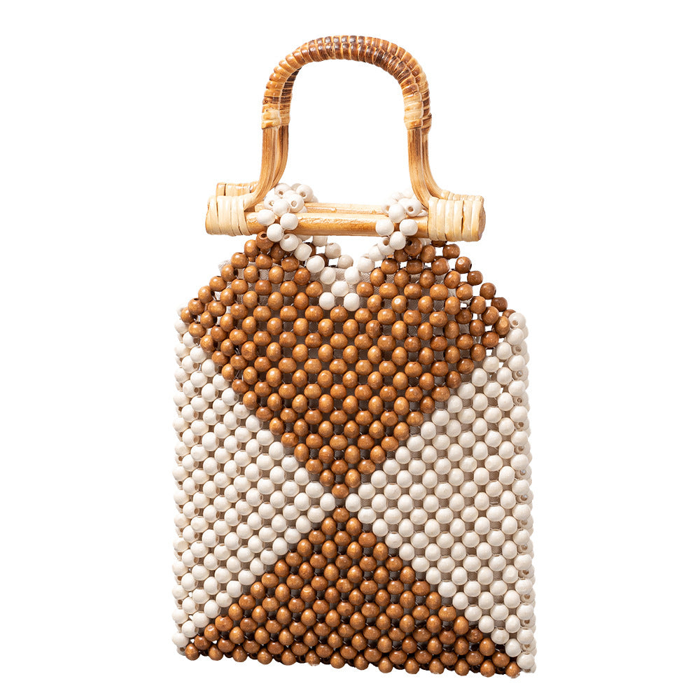 Contrast color wooden bead bag hand-woven bag women's seaside holiday bamboo hollow handbag