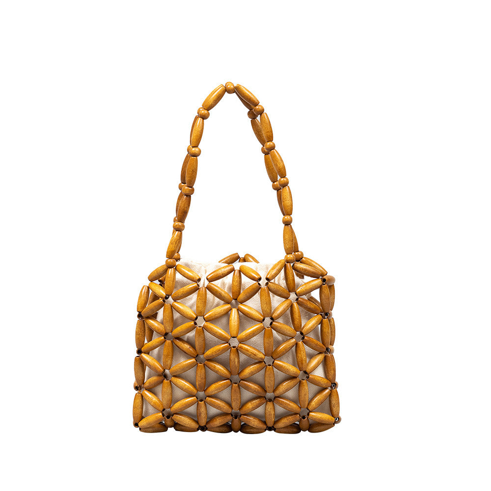 Hand-woven bag for women, commuter small bag, high-grade exquisite wooden bead bag, handbag for women in summer