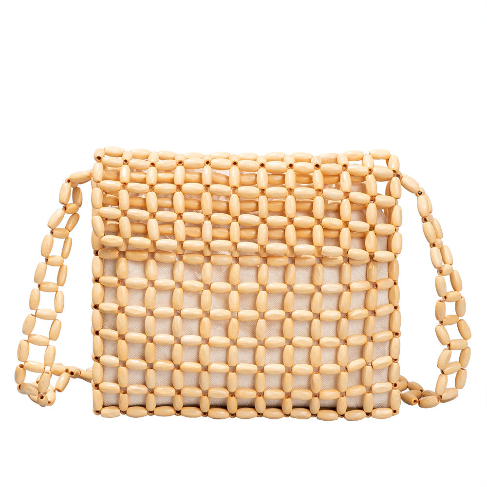 Women's bags, niche design, wooden bead bags, hand-woven bags, high-end commuting shoulder bags for women