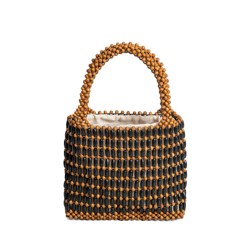 Handmade wooden bead woven bag for women summer niche design hand-held commuter small square bag