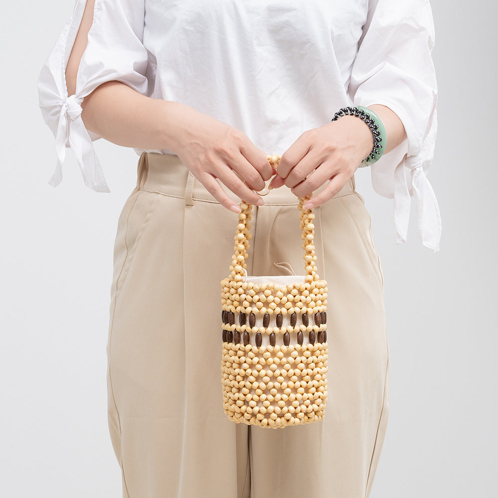 Wooden bead handbag hand-woven bag daily commuting bucket bag female niche design