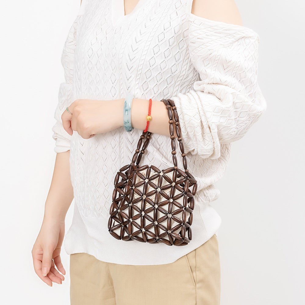 Hand-woven bag for women, commuter small bag, high-grade exquisite wooden bead bag, handbag for women in summer